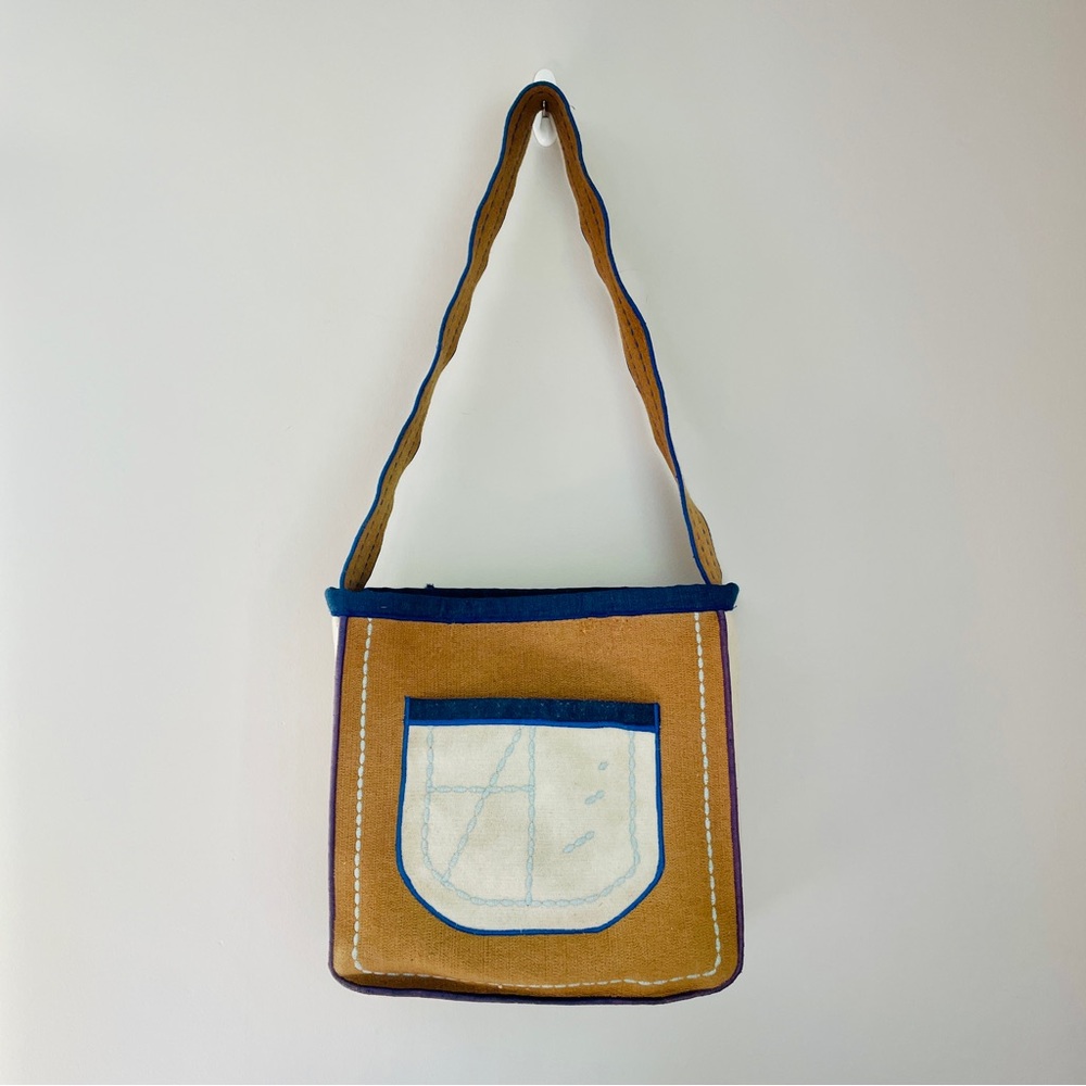 Elegant Tan and Blue Women's Felt Tote Bag Embroidered
